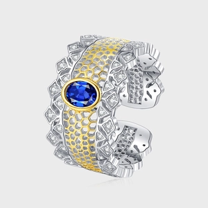 Bague Vintage Française en Argent Sterling 925 Texture Nid d'Abeille Avec Zirconia Bleu Vert Couleur Contraste Bague Ouverte
