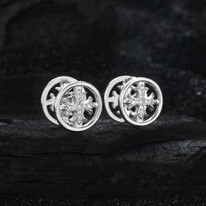 S925 Sterling Silver Cross Stud Earrings with Zircon Inlaid in Gothic Heavy Industry Style