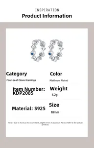 Detailed technical specs of S925 silver clover hoop earrings with blue cubic zirconia
