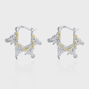 925 Sterling Silver Bicolor Earrings For Women Vintage Baroque Relief Tang Grass Pattern Hexagram Rhinestone Hoop Earrings