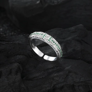 S925 sterling silver open ring with vintage floral engraving and green cubic zirconia