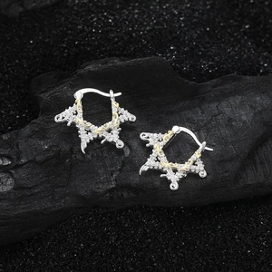 S925 sterling silver hexagon earrings with gold floral relief and sparkling zircons