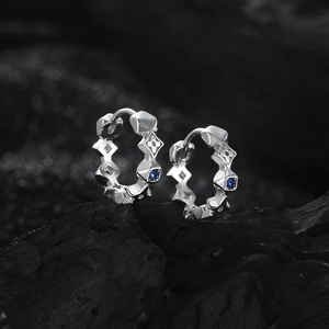 S925 Sterling silver clover hoop earrings with geometric design and blue zircon stones