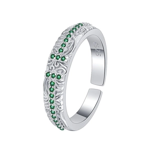 S925 sterling silver open ring with green zircon stones and vintage embossed patterns