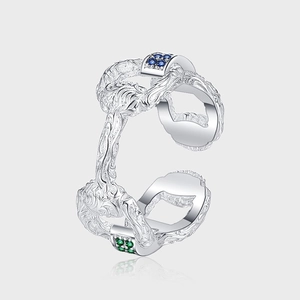 Bague Ouverte Gravée en Argent Sterling 925 Vintage pour Femmes Bijoux de Mode Avec Bague Ajustable en Zirconia Bleu Vert