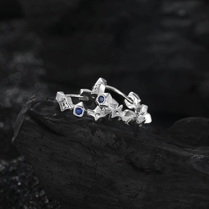 S925 sterling silver hoop earrings with blue zircon stones and floral engraving