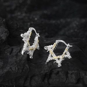 S925 sterling silver hexagram hoop earrings with gold filigree and pavé zircon stones
