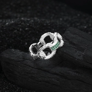 Bague chaîne vintage en argent sterling S925 avec zircons verts pavés étincelants