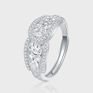 S925 Sterling Silver Rock Texture Open Ring For Women Electroplated White Gold Rhinestone Inlaid Adjustable Finger Ring