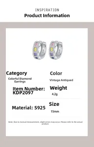 Spécifications des boucles d'oreilles S925 en argent avec diamants carrés, taille 15mm, 4,2g