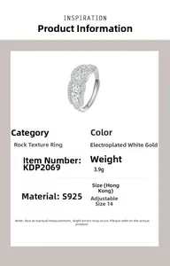 Detailed view of S925 sterling silver rock texture ring with specifications and size