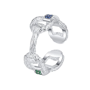 Bague ouverte en argent S925 rétro avec motifs floraux et zircons bleus et verts