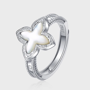 Clover Flower Open Adjustable Ring 925 Sterling Silver White Mother Of Artificial Pearl Inlay Beaded Edge Tang Grass Pattern Jewelry