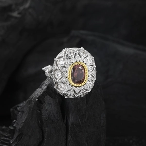 Vintage S925 silver palace ring featuring a red oval ruby and zircon hollow design
