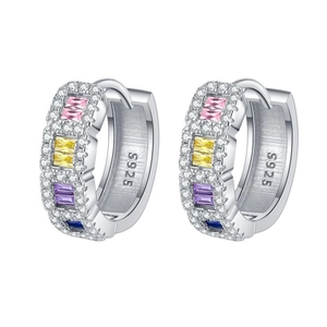 Créoles en argent sterling S925 avec zircons colorés rectangulaires en rose, jaune et bleu