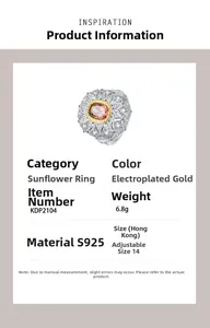 Detail view of S925 silver sunflower ring with pink gemstone and two-tone gold plating