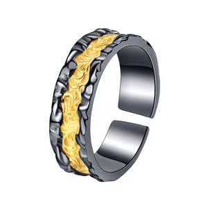 Adjustable s925 silver ring featuring vintage black rock texture and golden leaf relief