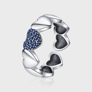 925 Sterling Silver Connected Heart Open Ring For Women Blue Zirconia Distressed Adjustable Personality Fashion Jewelry Finger Ring