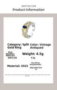 Detailed spec sheet showing S925 silver two-tone gear ring with blue stone inlay