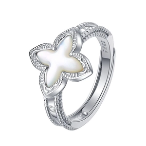 S925 sterling silver four leaf clover ring with white mother of pearl and twisted rope band