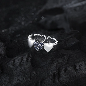 S925 sterling silver adjustable ring featuring triple hearts with blue zircon inlay