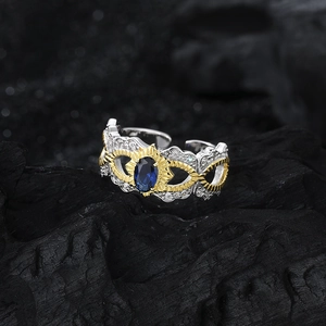 S925 sterling silver open ring with blue oval stone and gold sunburst texture