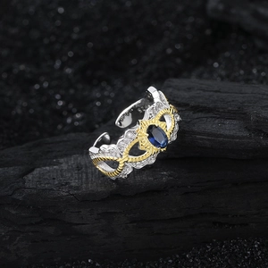 S925 sterling silver two-tone gear ring with blue stone and white zircon details