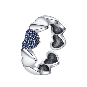 Vintage S925 silver ring featuring connected hearts and a sparkling blue zircon centerpiece