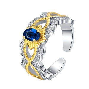 S925 silver two-tone gear texture ring with oval blue gemstone and hollow design