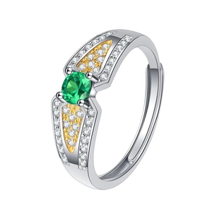 Adjustable S925 silver angel wing ring with green zircon and two-tone gold details