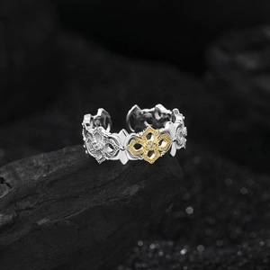 S925 sterling silver open ring featuring a gold camellia flower and zircons