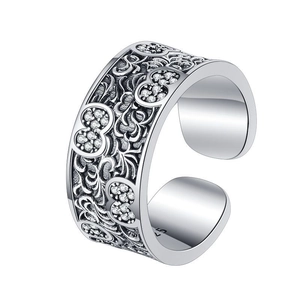 S925 sterling silver vintage open ring with floral pattern and micro-set zircon gemstones