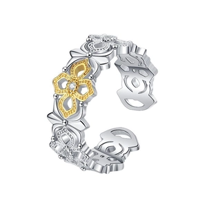 Elegant s925 silver open ring with contrast camellia design and zircon stones