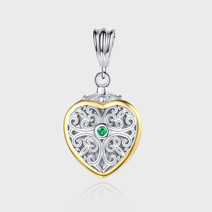 925 Sterling Silver Filigree Heart Pendant Necklace Palace Style Two Tone Scroll Pattern Green Rhinestone Jewelry Gift