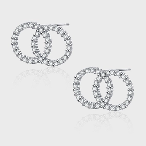 S925 Sterling Silver Interlocked Double Ring Stud Earrings For Women Pave Rhinestone Geometric Round Earrings Jewelry