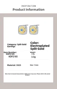 Macro detail of S925 silver square earrings with blue zircon and gold sunray texture
