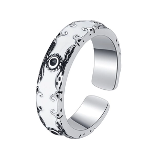S925 sterling silver vintage open ring with white enamel and bohemian scroll patterns