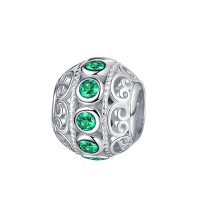 S925 silver vintage hollow charm with green zircon stones and intricate vine patterns