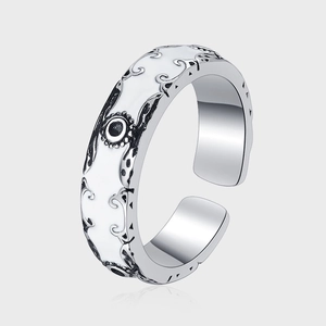 S925 Sterling Silver Vintage Scroll Pattern Open Ring For Women Retro Enamel White Adjustable Finger Ring Fashion Jewelry