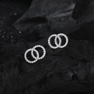 S925 sterling silver interlocking circle stud earrings with pavé cubic zirconia