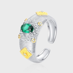 S925 Sterling Silver Green Zirconia Open Ring For Women Vintage Brushed Fabric Texture Contrast Color Adjustable Ring