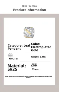 Macro detail of leaf-patterned S925 silver pendant with gold plating and fine stones