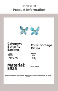 Détails des boucles d'oreilles papillon en argent S925 avec émail bleu et gemme verte