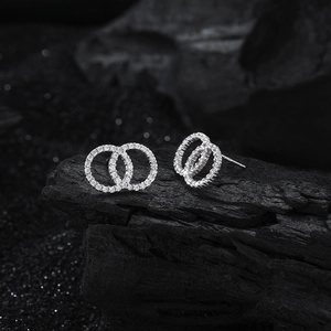 S925 sterling silver interlocking circle stud earrings with micro-paved white zircons