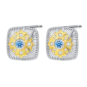 S925 silver and gold two-tone square stud earrings with blue zircon and star pattern