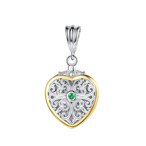 S925 sterling silver heart pendant with gold pattern and green gemstone center