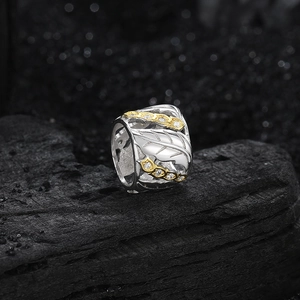 Elegant S925 silver leaf pendant with hollow design, gold accents and clear zircons