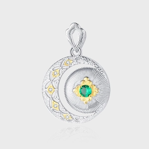 925 Sterling Silver Crescent Moon Pendant Necklace For Women Gold Silver Brushed Texture Green Gemstone Rhinestone Inlaid Jewelry