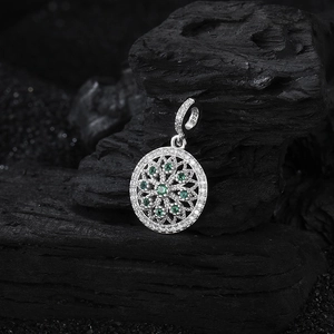 S925 sterling silver mandala pendant with green gemstones and sparkling white zircons