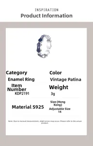 Detailed specs of S925 silver enamel angel ring with vintage finish and adjustable band